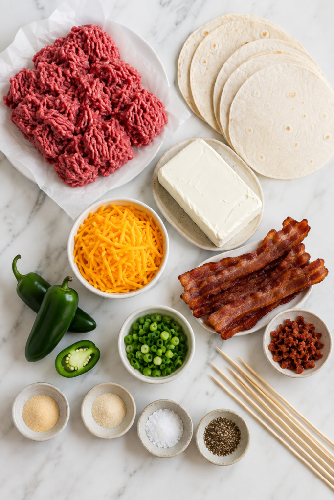 Ingredients for jalapeño popper smash burger skewers including ground beef, tortillas, cream cheese, cheddar, bacon, jalapeños, and seasonings.