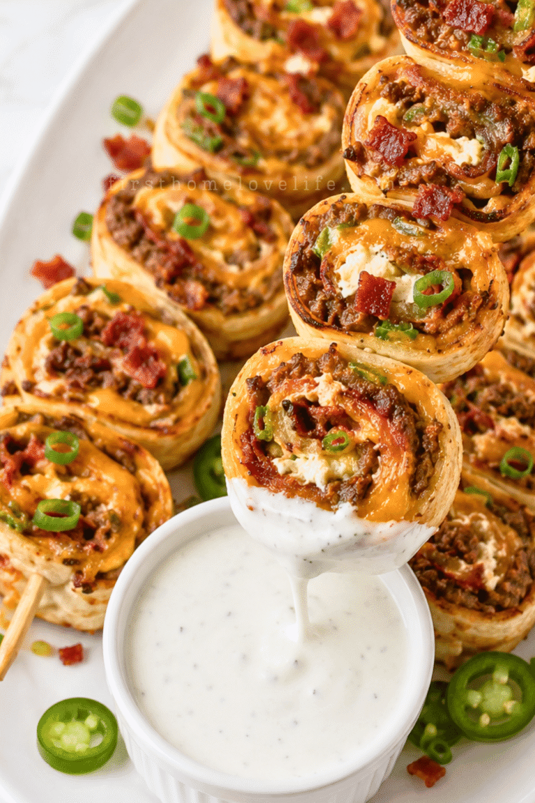 Jalapeño popper smash burger skewers filled with ground beef, cream cheese, cheddar, bacon, and jalapeños dipped into ranch dressing.