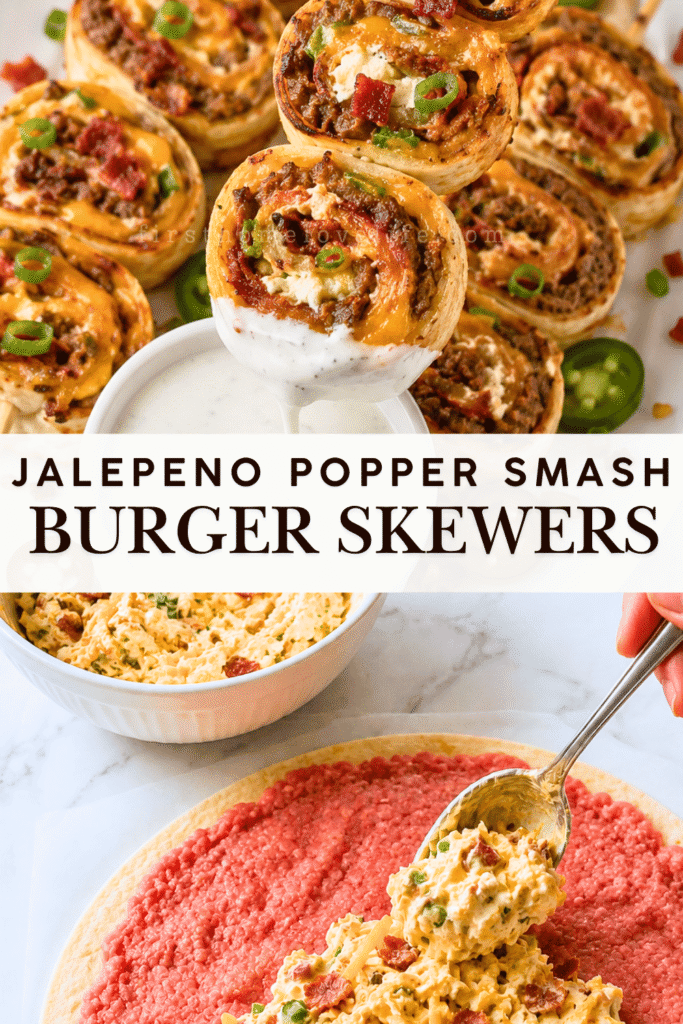 Jalapeño popper smash burger skewers with bacon, cheddar, cream cheese, and jalapeños dipped in ranch, with the filling being added to raw beef on a tortilla.