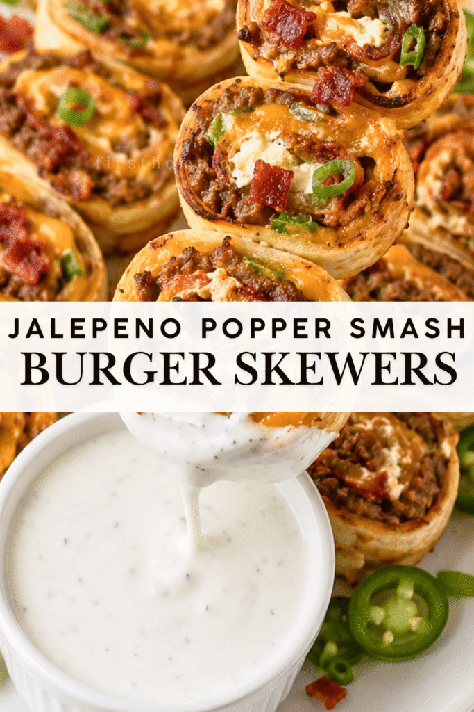 Crispy jalapeño popper smash burger skewers filled with beef, cheddar, cream cheese, bacon, and jalapeños being dipped into ranch.