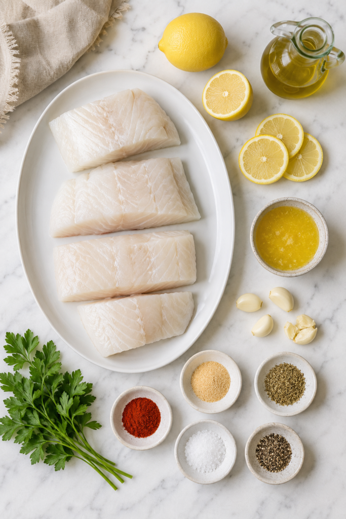Flat lay of raw cod fillets, fresh lemon, garlic, melted butter, olive oil, parsley and seasonings for lemon garlic baked cod.