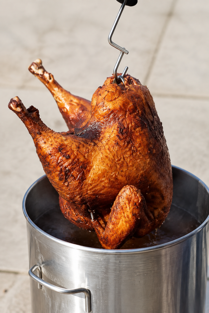 Crispy deep-fried Thanksgiving turkey being carefully lifted from a stainless-steel outdoor turkey fryer.