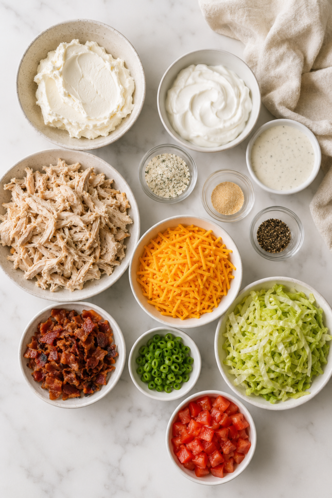 Ingredients for loaded crack chicken dip, including shredded chicken, cream cheese, ranch, cheddar, bacon, lettuce, tomatoes, and green onions.
