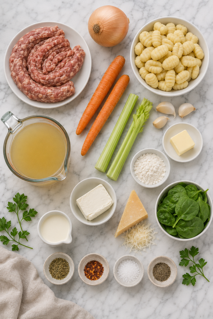 Ingredients for Million Dollar Sausage Gnocchi Soup, including Italian sausage, gnocchi, spinach, cream cheese, Parmesan, vegetables, and broth.