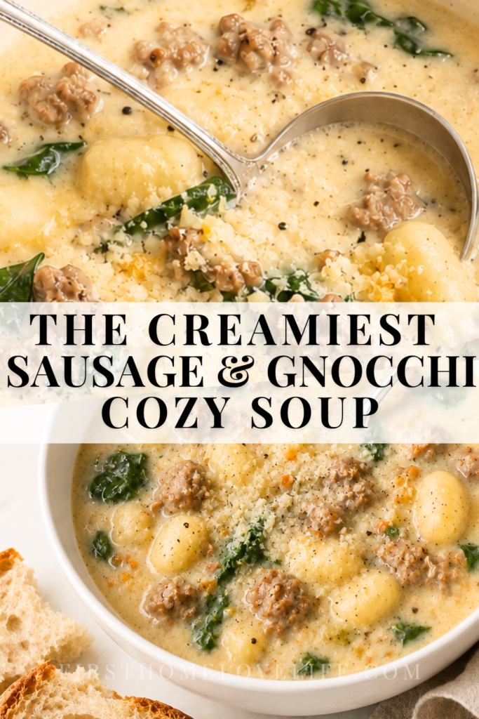 Pinterest image for creamy Million Dollar Sausage Gnocchi Soup with Italian sausage, potato gnocchi, spinach, and Parmesan.