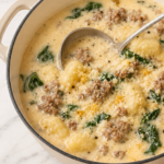 Creamy Million Dollar Sausage Gnocchi Soup with Italian sausage, potato gnocchi, spinach, and Parmesan in an enamel pot.