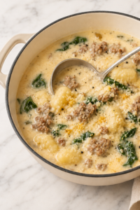 Creamy Million Dollar Sausage Gnocchi Soup with Italian sausage, potato gnocchi, spinach, and Parmesan in an enamel pot.