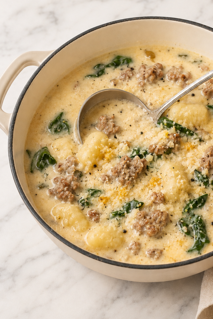 Creamy Million Dollar Sausage Gnocchi Soup with Italian sausage, potato gnocchi, spinach, and Parmesan in an enamel pot.