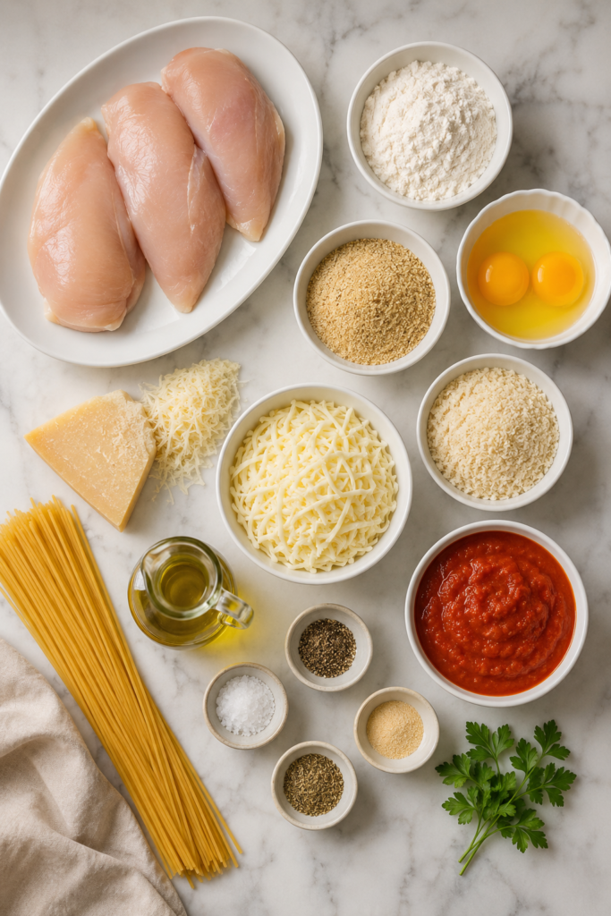 Ingredients for Olive Garden chicken parmigiana, including chicken breasts, breadcrumbs, flour, eggs, marinara, mozzarella, Parmesan, and spaghetti.