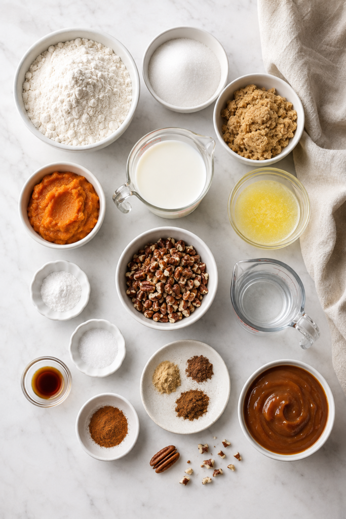 Ingredients for pumpkin pecan cobbler arranged on white marble, including pumpkin puree, pecans, flour, brown sugar, spices and caramel sauce.
