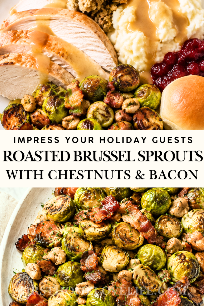 Roasted Brussels sprouts with chestnuts and bacon served with a traditional Thanksgiving turkey dinner