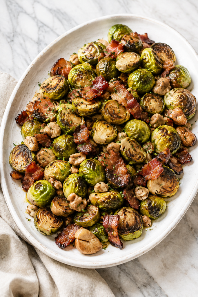 Roasted Brussels sprouts with chestnuts and crispy bacon on a white oval serving platter