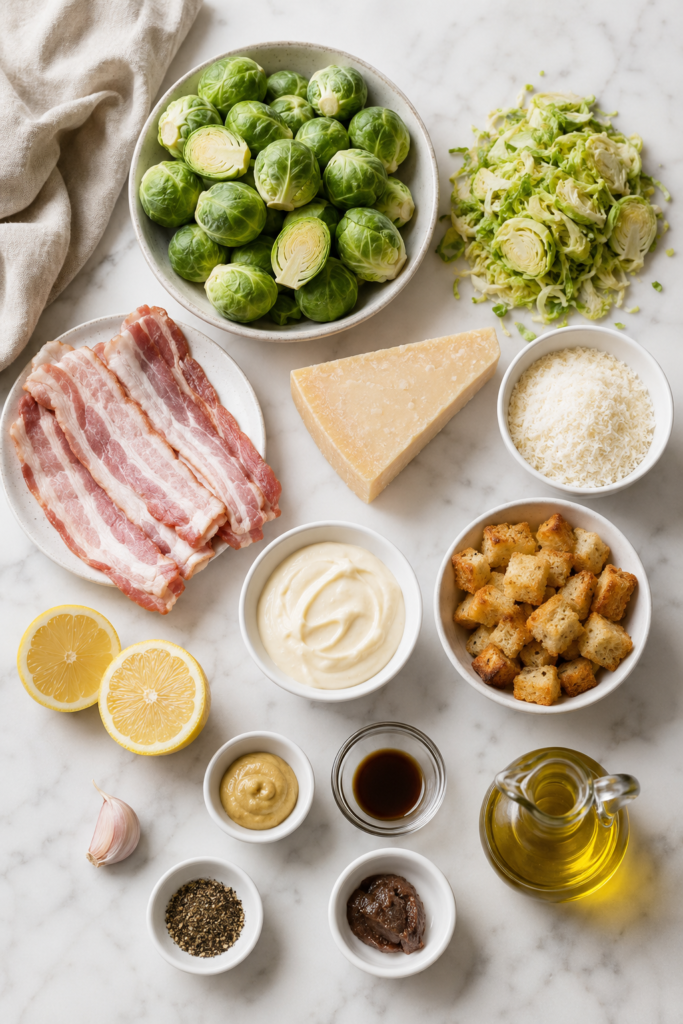 Brussels sprouts, bacon, Parmesan, croutons, mayonnaise, lemon, Dijon mustard, garlic, Worcestershire sauce, anchovy paste, olive oil, and black pepper arranged on white marble.