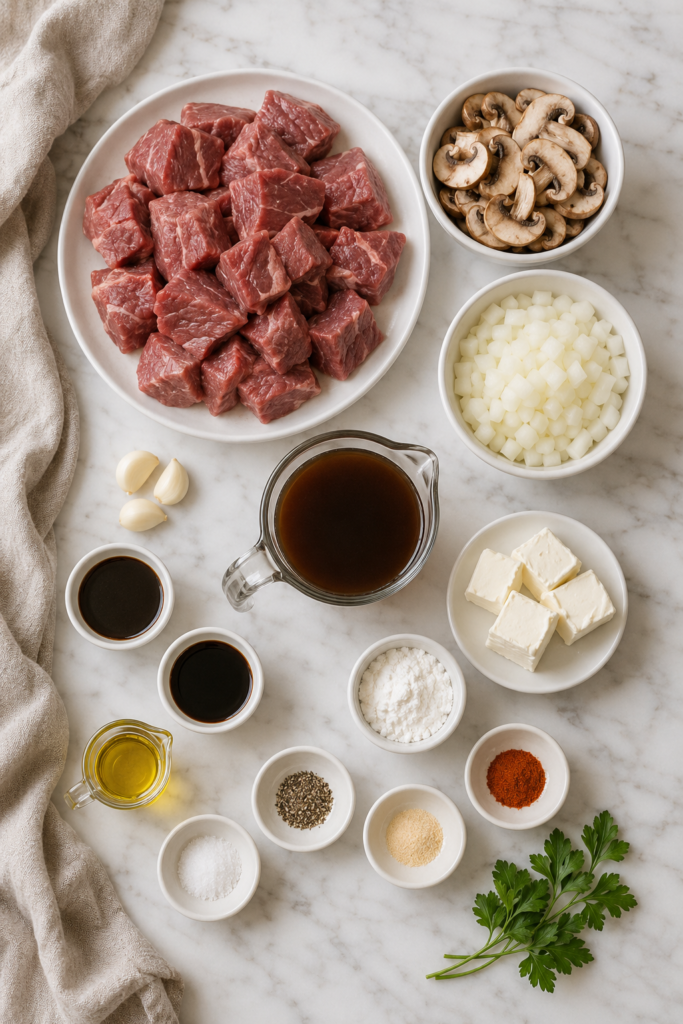 Overhead flat lay of beef chuck, mushrooms, onion, garlic, beef broth, cream cheese, cornstarch, oil, sauces, and seasonings for creamy beef tips.