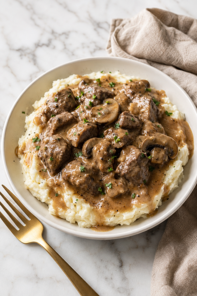 Slow cooker creamy beef tips and mushrooms in rich gravy served over homemade mashed potatoes.