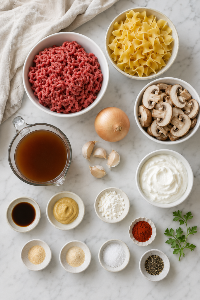 Ingredients for Slow Cooker Hamburger Helper Beef Stroganoff including ground beef, egg noodles, mushrooms, sour cream and beef broth