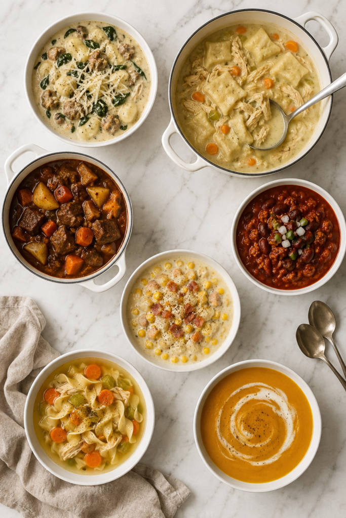 Bird’s-eye flat lay of easy soup and stew recipes, including creamy chowder, chicken soup, beef stew, chili, tomato soup, vegetable soup, and sausage gnocchi soup.