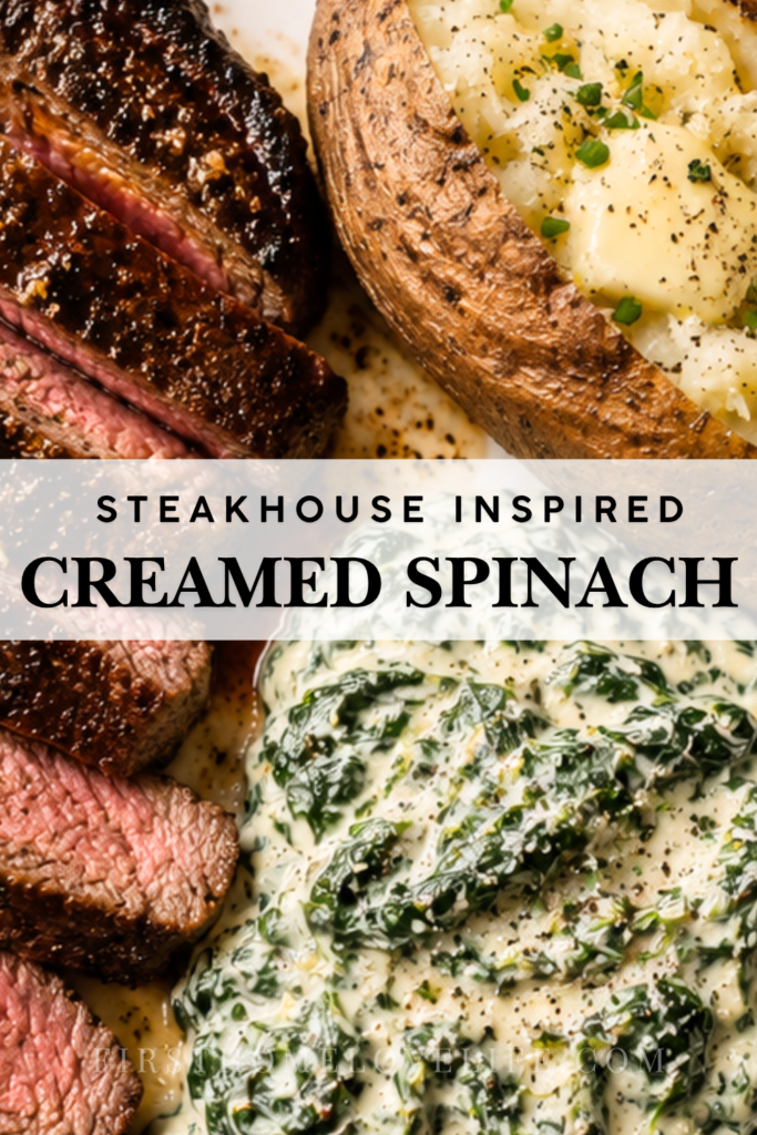 Sliced steak with a baked potato and creamed spinach with nutmeg on a white plate
