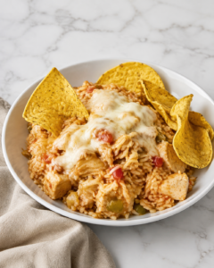 Creamy swim queso chicken and rice served in a white bowl with melted cheese, peppers, and tortilla chips.