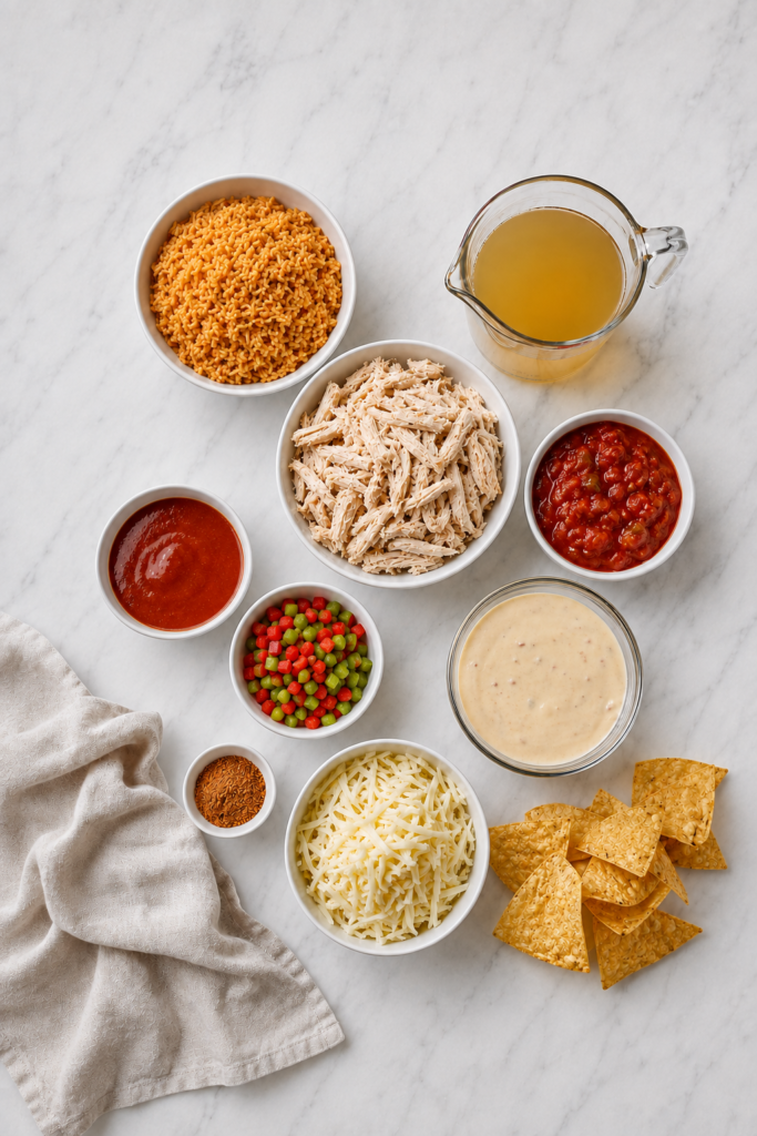 Ingredients for swim queso chicken and rice casserole arranged on a white marble counter, including chicken, Mexican rice, queso, salsa, cheese, and peppers.