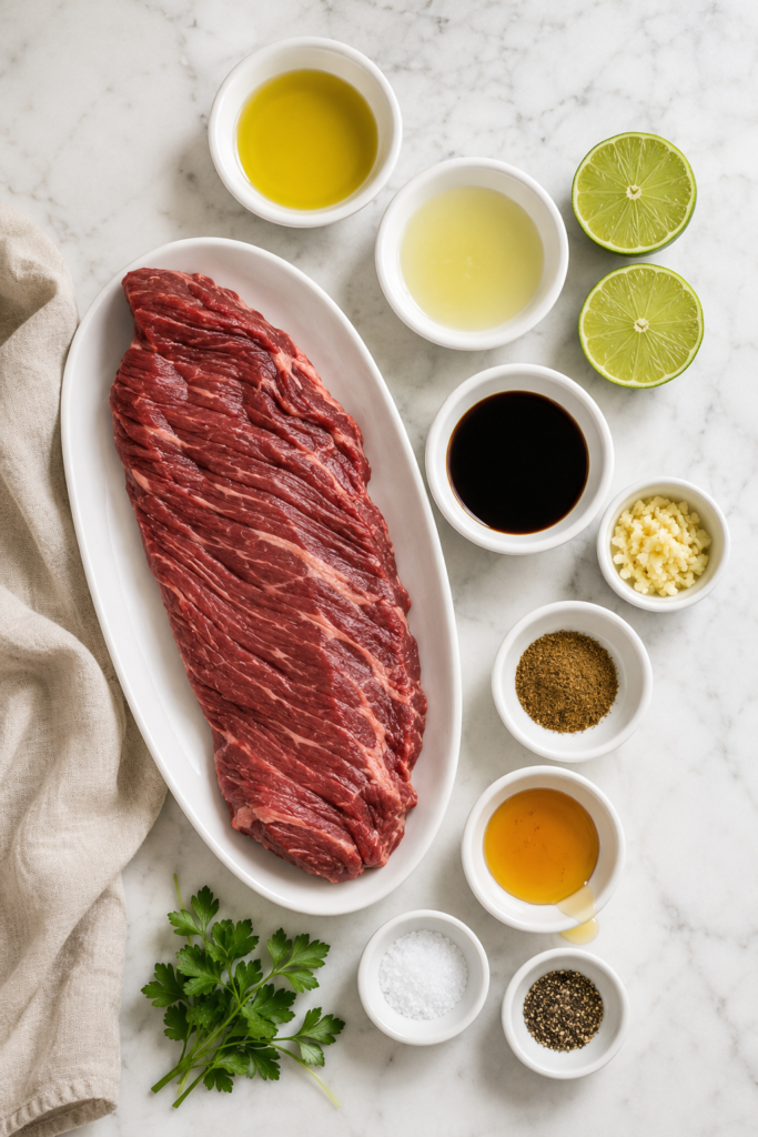 Ingredients for Texas de Brazil churrasco marinade, including skirt steak, lime juice, olive oil, soy sauce, garlic, cumin, honey, salt, and pepper.