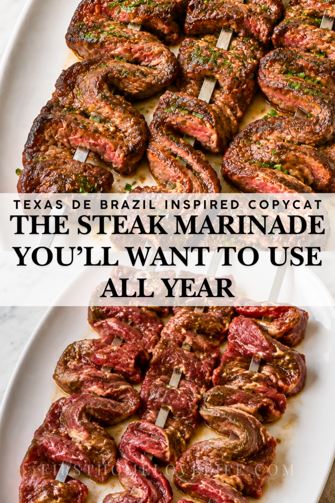 Texas de Brazil-inspired churrasco steak marinade shown before and after grilling on metal skewers.