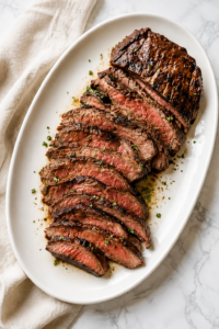 Sliced medium-rare churrasco steak made with a copycat Texas de Brazil marinade served on a white platter.