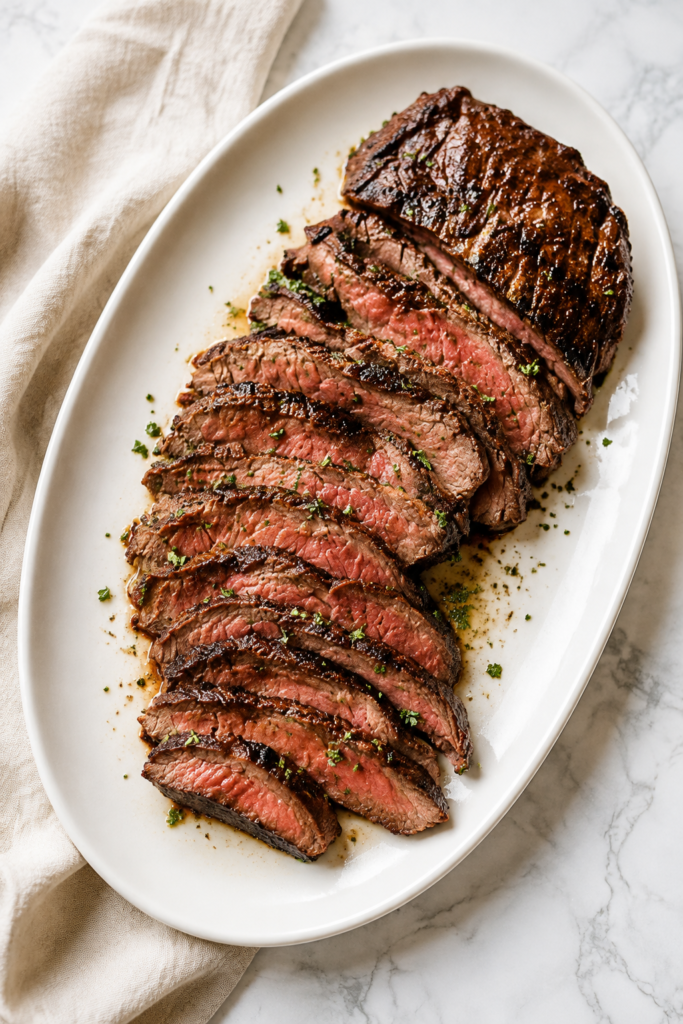 Sliced medium-rare churrasco steak made with a copycat Texas de Brazil marinade served on a white platter.