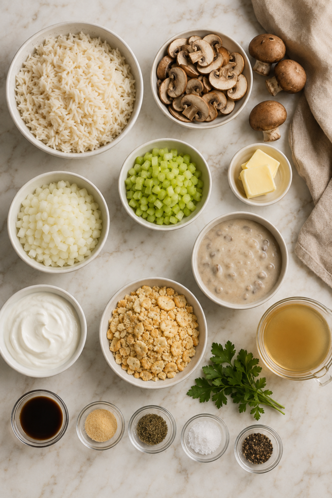 Ingredients for vintage rice and mushroom casserole arranged on a white marble counter, including cooked rice, mushrooms, celery, onion, sour cream, mushroom soup, broth, butter, crackers, and seasonings.