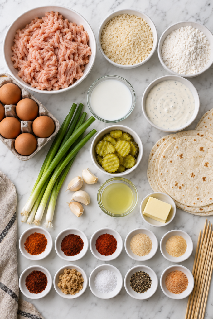 Flat lay of ingredients for Nashville hot chicken pinwheel smash skewers, including ground chicken, flour tortillas, panko, eggs, ranch, pickles, spices, and bamboo skewers.