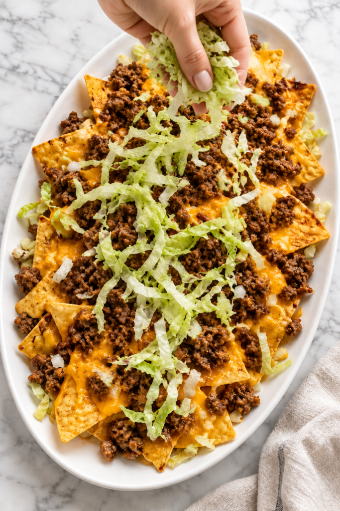 Hand sprinkling shredded iceberg lettuce over cheesy ground beef nachos on a large white oval platter.