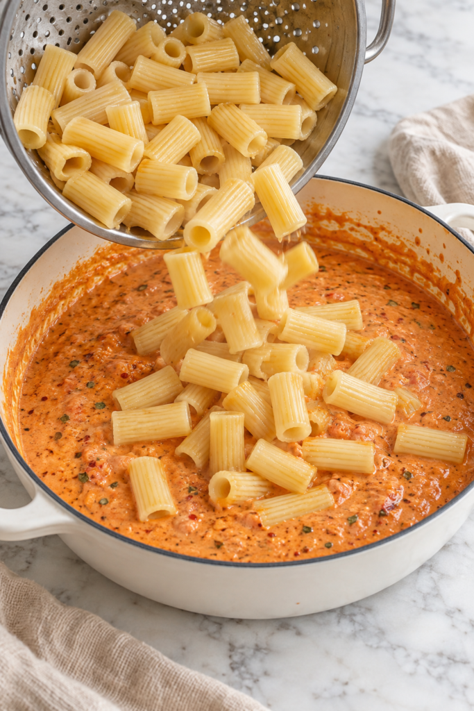 Cooked rigatoni being poured from a colander into creamy spicy pumpkin vodka sauce in a white enamel skillet.