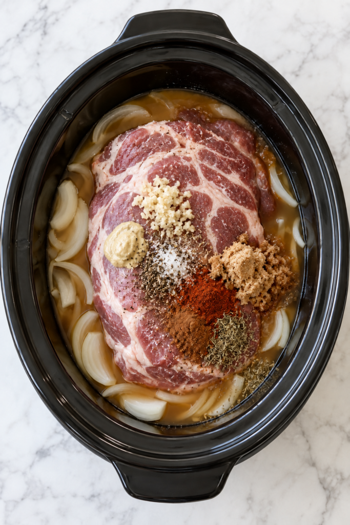 Raw pork shoulder with apple cider, onions, garlic, brown sugar, Dijon mustard, and spices in a black slow cooker before cooking.