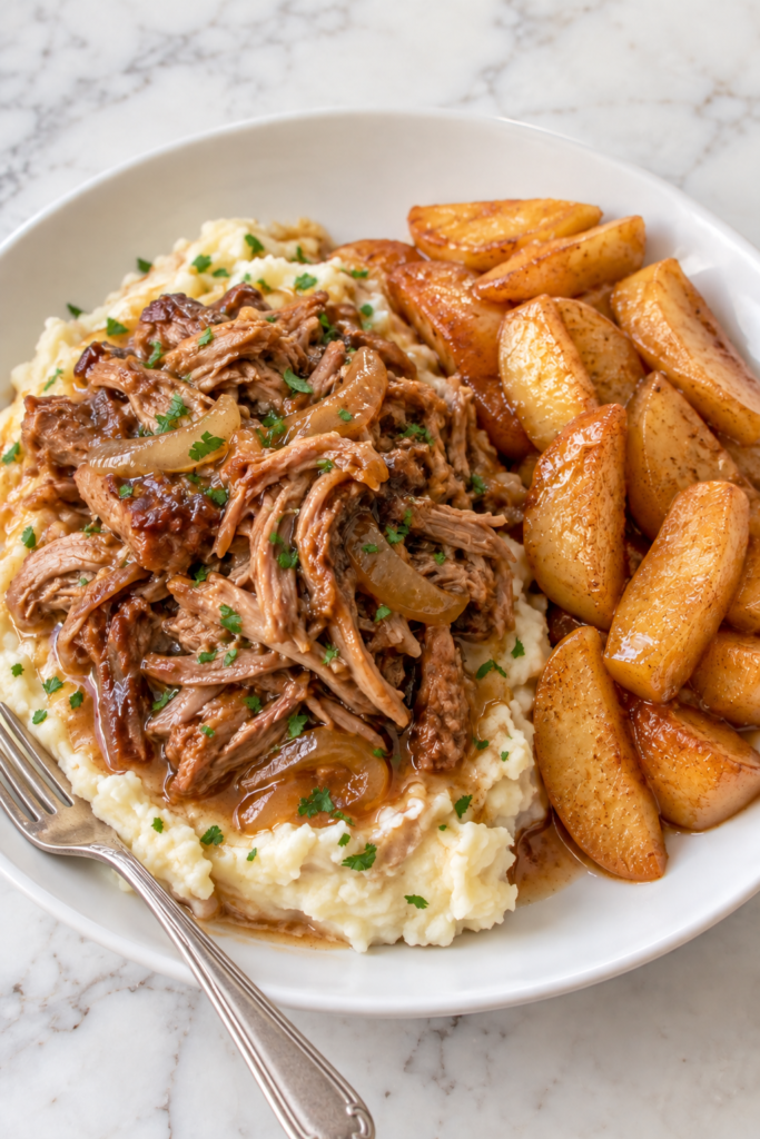 Slow cooker apple cider pulled pork with caramelized onions over mashed potatoes, served with fried apples and parsley.