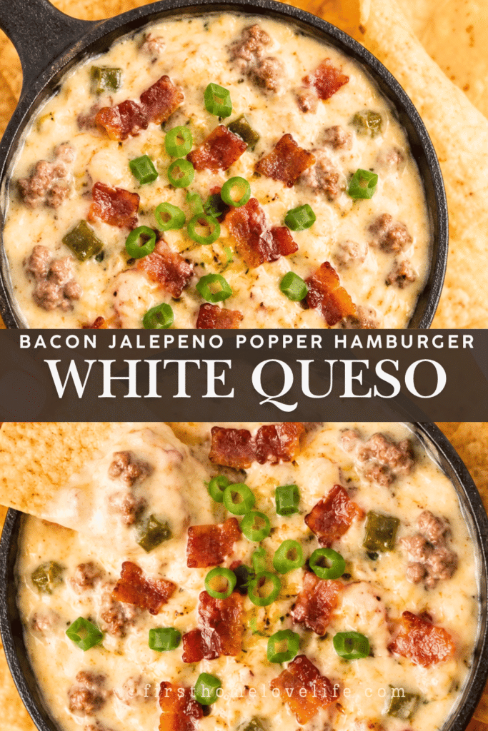 Bacon jalapeño popper hamburger white queso dip in a cast-iron skillet with tortilla chips