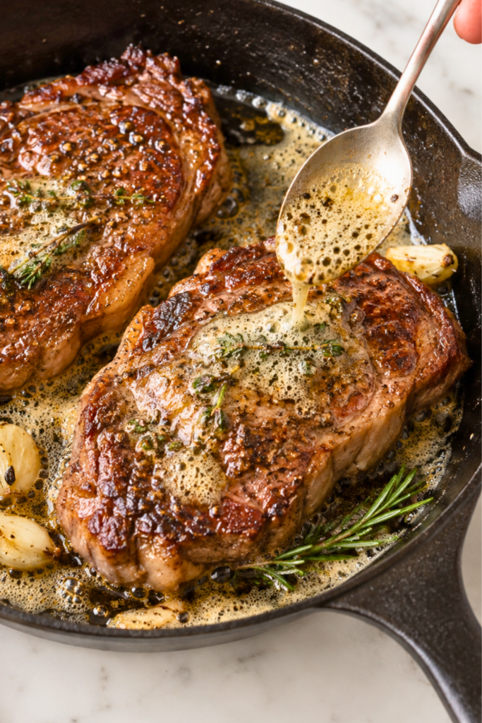 Pan seared ribeye steaks being basted with foaming garlic herb butter in a cast iron skillet.