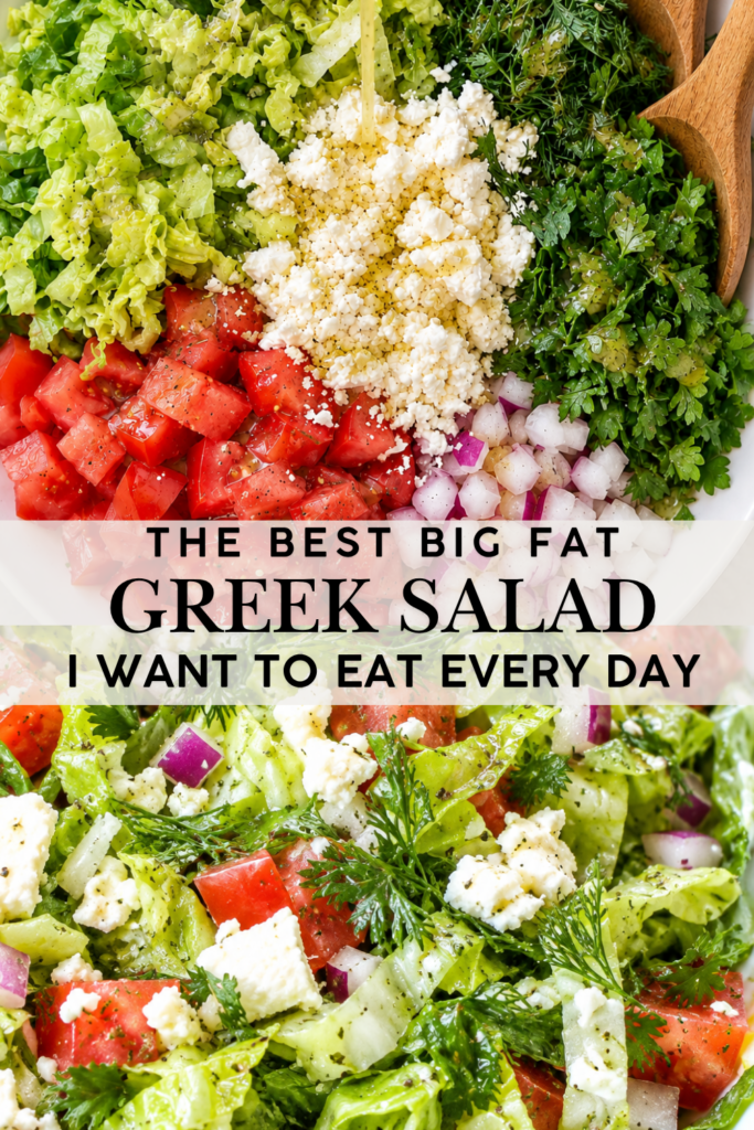 Big fat Greek salad ingredients and tossed Greek salad with romaine, tomatoes, feta, fresh dill, parsley, red onion, and lemon vinaigrette.