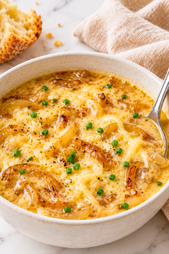 Creamy copycat Outback Walkabout onion soup with caramelized onions, melted cheese, chives, and a silver spoon in a white bowl