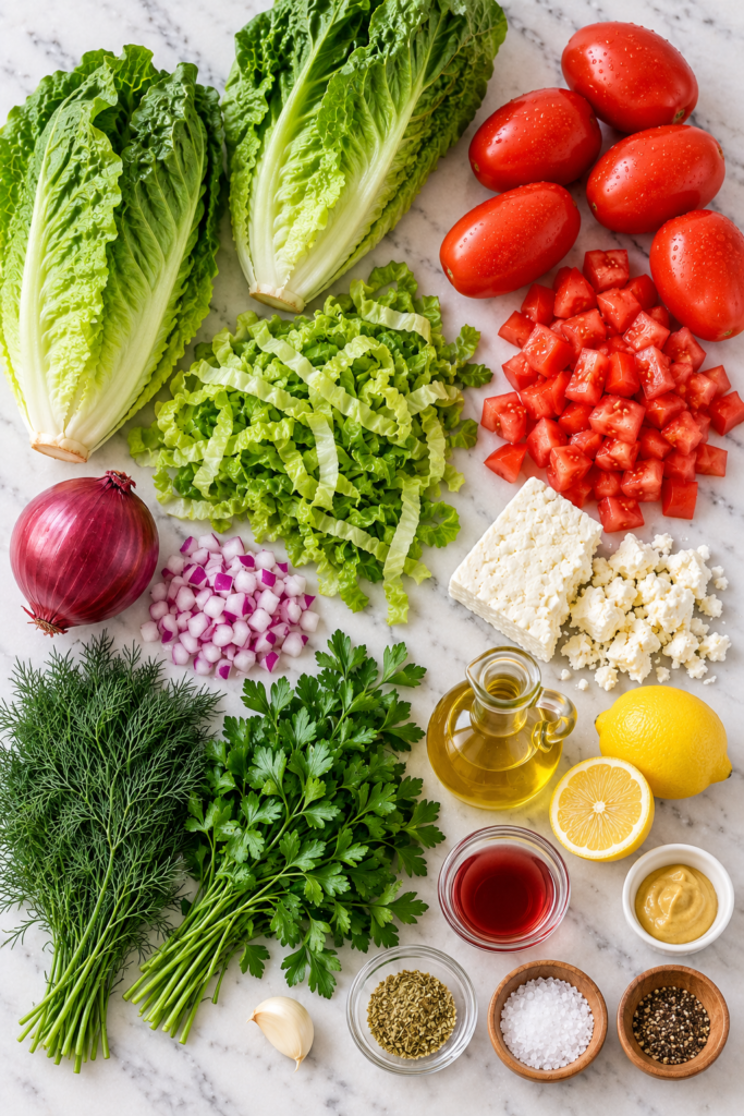 Flat lay of ingredients for big fat Greek salad including romaine, tomatoes, red onion, feta, fresh dill, parsley, lemon, olive oil, and seasonings on white marble.