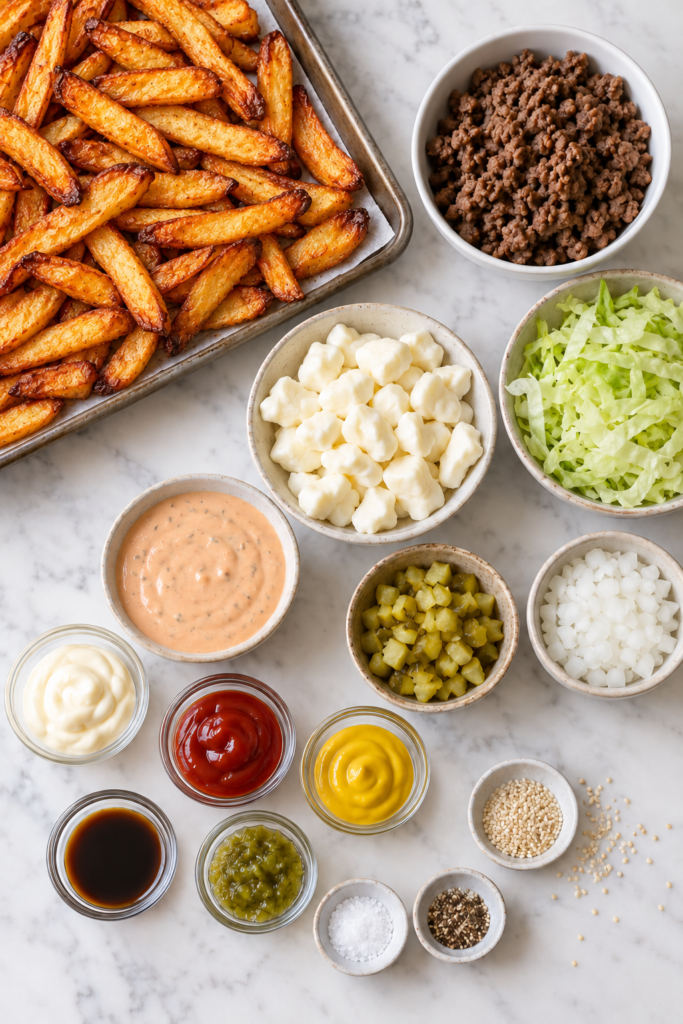 Ingredients for Big Mac inspired poutine including crispy fries, ground beef, cheese curds, lettuce, pickles, onions, and special sauce
