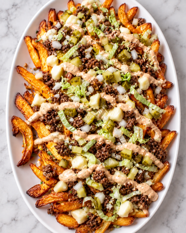 Big Mac inspired poutine with crispy fries, ground beef, cheese curds, pickles, lettuce, onions, and special sauce on a white oval platter