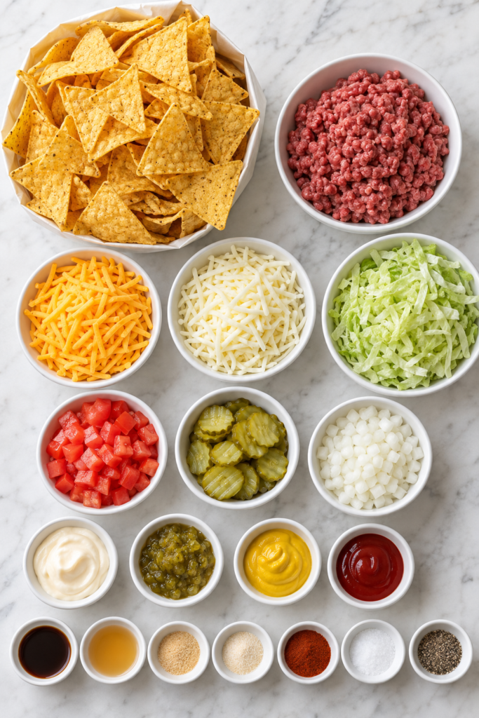 Flat lay of ingredients for Big Mac nachos including tortilla chips, ground beef, cheddar, mozzarella, lettuce, pickles, tomatoes, onions, and burger sauce ingredients.