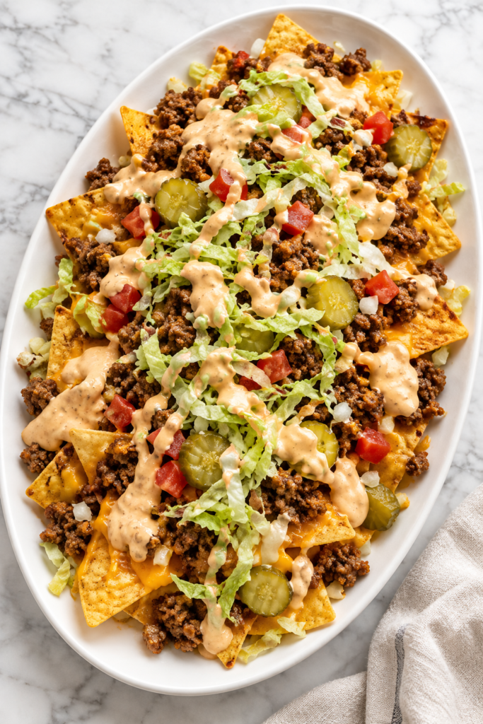 Loaded Big Mac nachos with seasoned ground beef, melted cheese, pickles, lettuce, tomatoes, and creamy burger sauce on a large white oval platter.