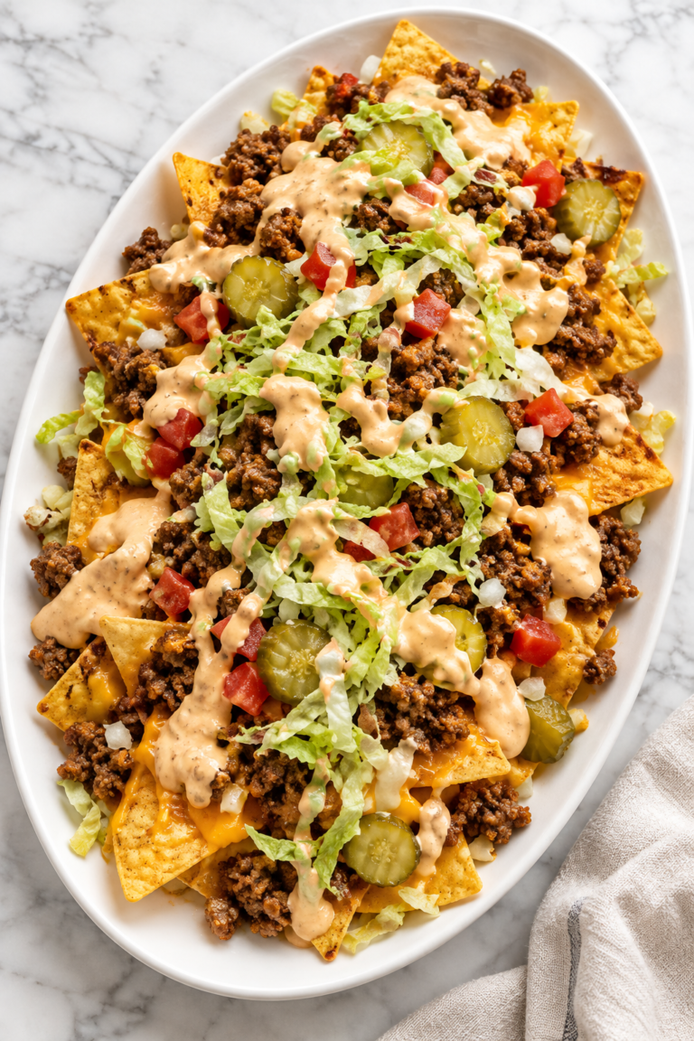 Loaded Big Mac nachos with seasoned ground beef, melted cheese, pickles, lettuce, tomatoes, and creamy burger sauce on a large white oval platter.