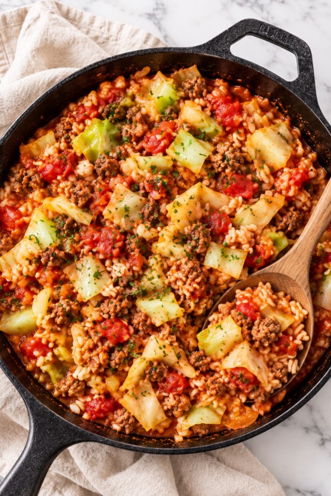 Cabbage roll in a bowl with ground beef, rice, tender cabbage, and tomato sauce in a cast iron skillet with a wooden spoon