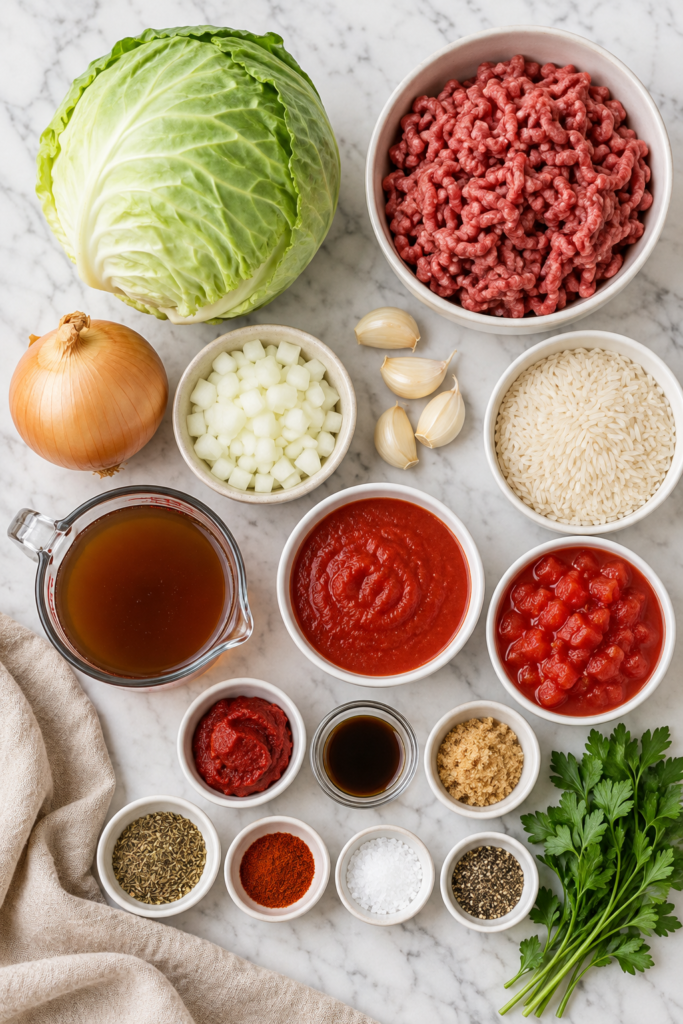 Ingredients for Cabbage Roll in a Bowl including cabbage, ground beef, rice, onion, garlic, tomato sauce, diced tomatoes, and seasonings
