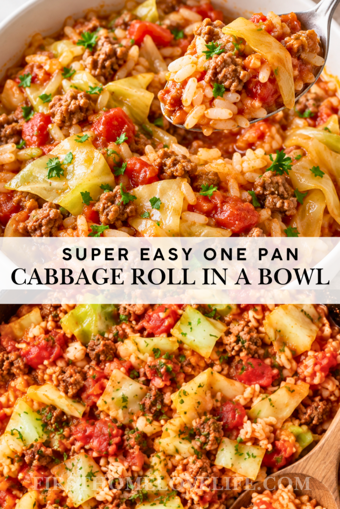 One-pan Cabbage Roll in a Bowl with ground beef, rice, tender cabbage, and tomato sauce