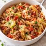 Cabbage roll in a bowl with ground beef, rice, cabbage, and tomato sauce in a white bowl with a spoon lifting a bite