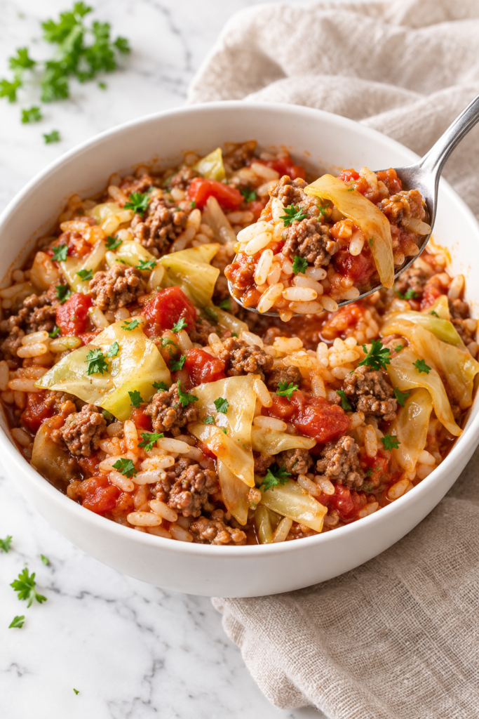 Cabbage roll in a bowl with ground beef, rice, cabbage, and tomato sauce in a white bowl with a spoon lifting a bite