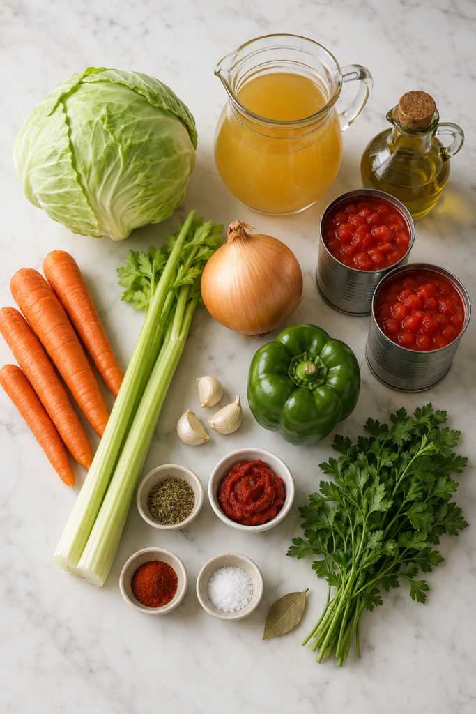 Flat lay of cabbage soup ingredients including cabbage, carrots, celery, onion, green pepper, tomatoes, garlic, broth, parsley, and seasonings on a white marble counter.